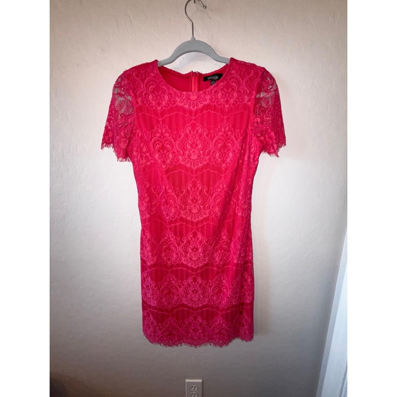 Kensie Dress Womens 4 Pink Sheath Lace Overlay Back Zipper Short Sleeve Chic